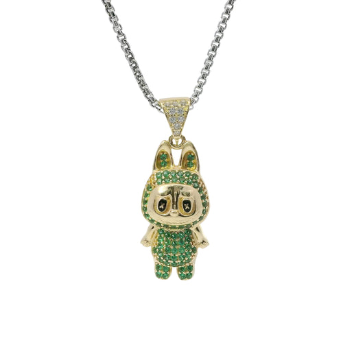 14KT Gold Charm Small 3D Green CZ Stones LaBuBu Body, Black Enamel Eyes, and White CZ Stones Bell