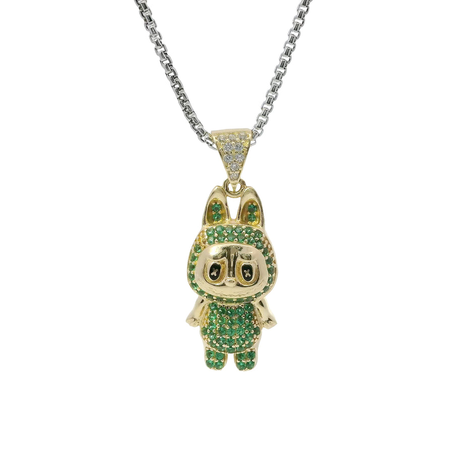 14KT Gold Charm Small 3D Green CZ Stones LaBuBu Body, Black Enamel Eyes, and White CZ Stones Bell