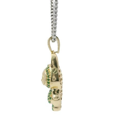 14KT Gold Charm Small 3D Green CZ Stones LaBuBu Body, Black Enamel Eyes, and White CZ Stones Bell