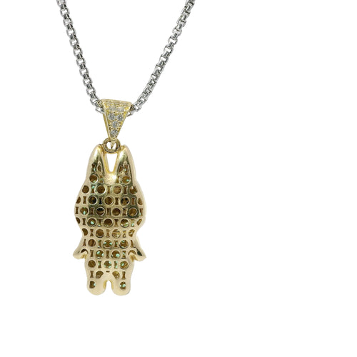 14KT Gold Charm Small 3D Green CZ Stones LaBuBu Body, Black Enamel Eyes, and White CZ Stones Bell