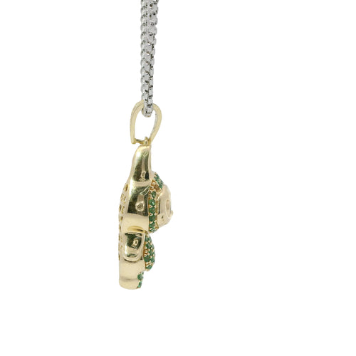 14KT Gold Charm Small 3D Green CZ Stones LaBuBu Body, Black Enamel Eyes, and White CZ Stones Bell