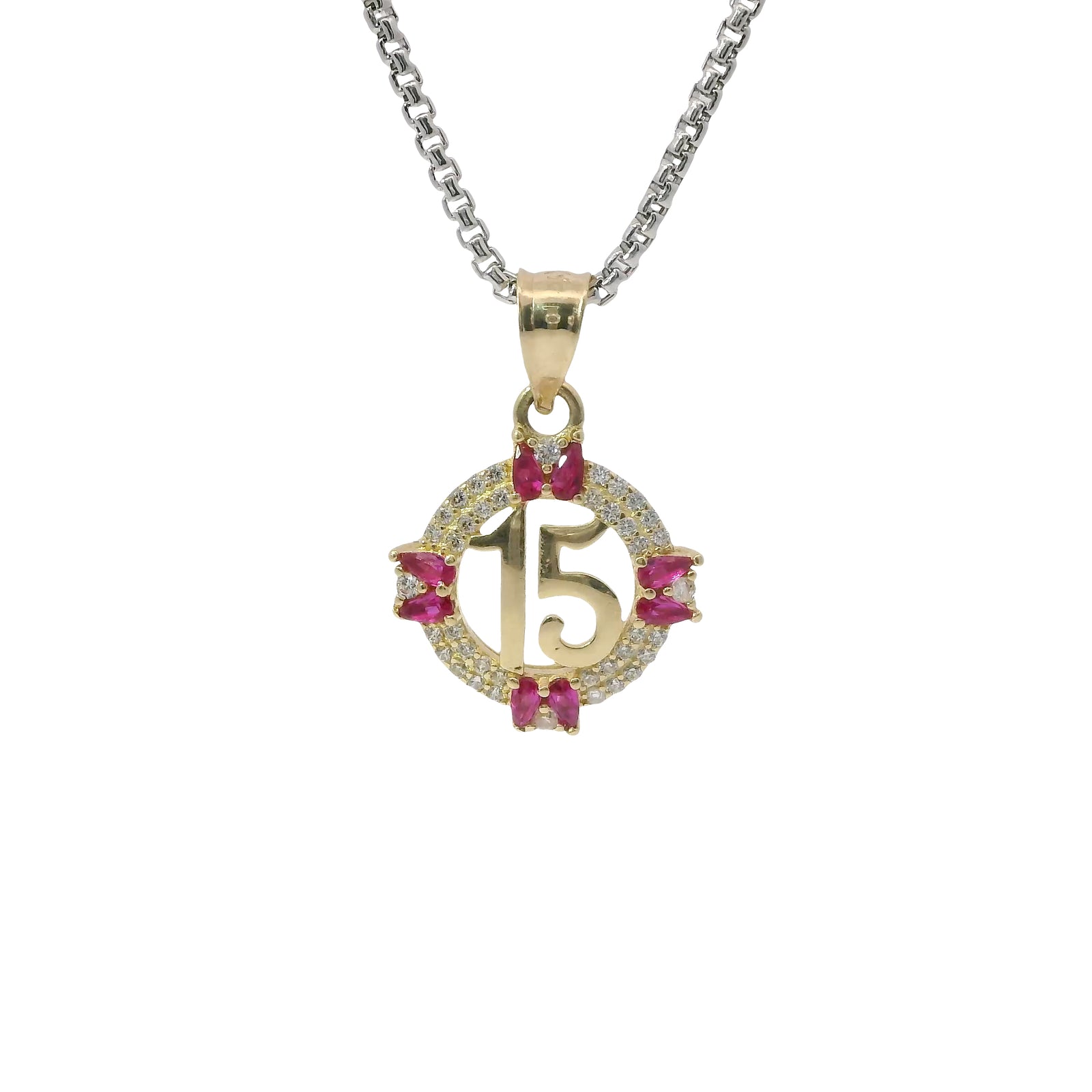 14KT Gold Charm Small Round Quinceanera "15" Center with Double White CZ Stone Outline Double Dark Pink Pear Cardinal Direction and Plain Bell