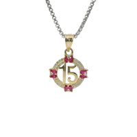 14KT Gold Charm Small Round Quinceanera "15" Center with Double White CZ Stone Outline Double Dark Pink Pear Cardinal Direction and Plain Bell