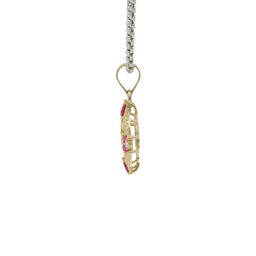 14KT Gold Charm Small Round Quinceanera "15" Center with Double White CZ Stone Outline Double Dark Pink Pear Cardinal Direction and Plain Bell