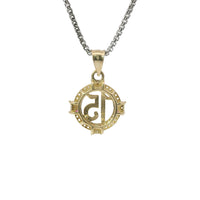 14KT Gold Charm Small Round Quinceanera "15" Center with Double White CZ Stone Outline Double Dark Pink Pear Cardinal Direction and Plain Bell