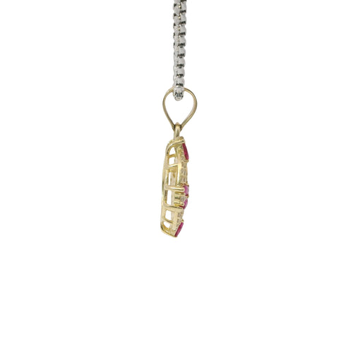 14KT Gold Charm Small Round Quinceanera "15" Center with Double White CZ Stone Outline Double Dark Pink Pear Cardinal Direction and Plain Bell
