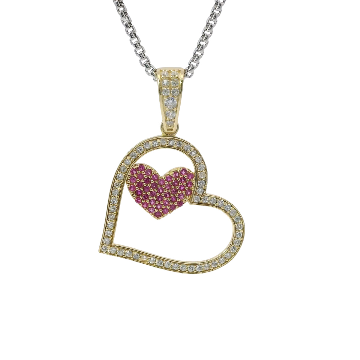 14KT Gold Charm Medium Tilted Open White CZ Stones Heart with Dark Pink Center Heart and White CZ Stones Bell