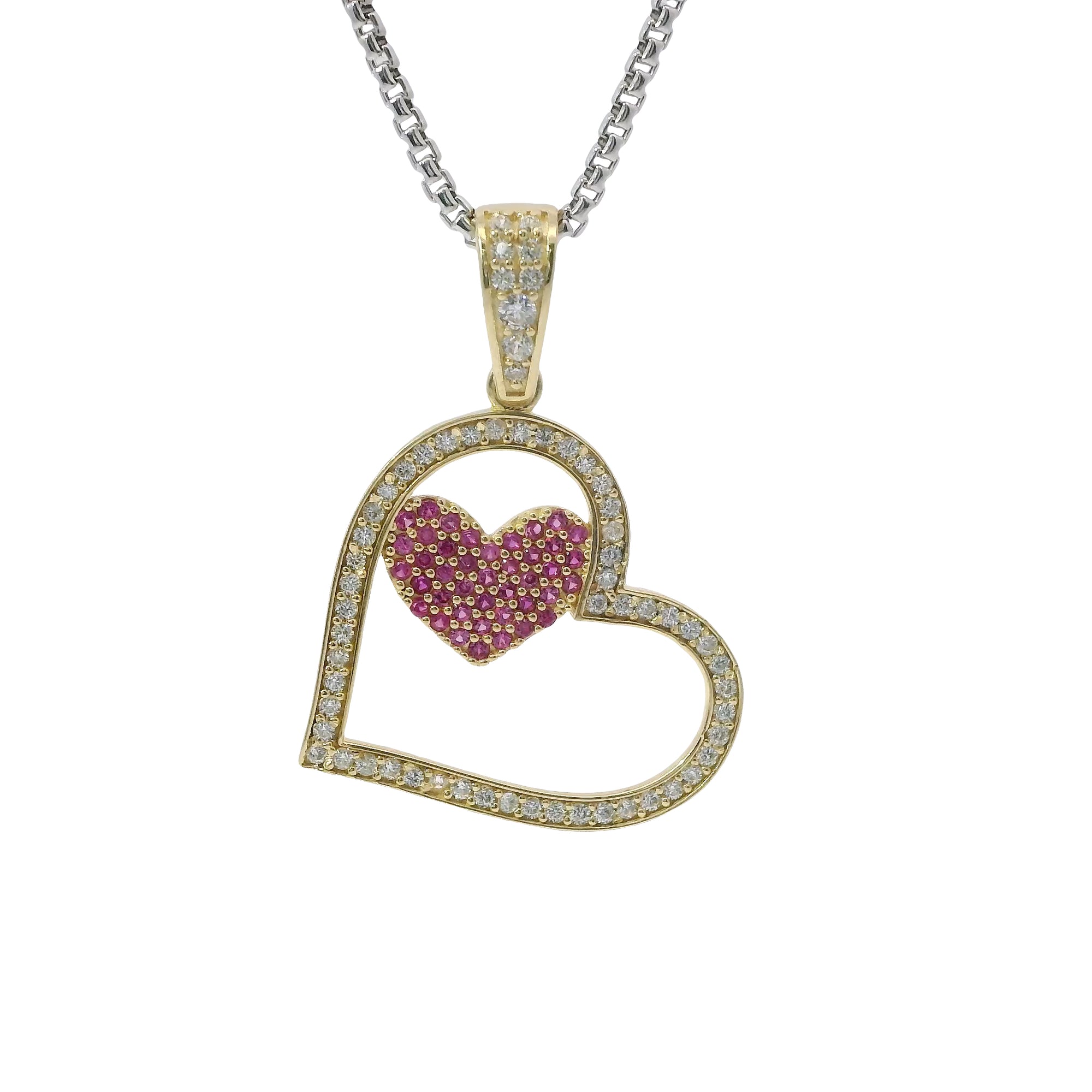 14KT Gold Charm Medium Tilted Open White CZ Stones Heart with Dark Pink Center Heart and White CZ Stones Bell