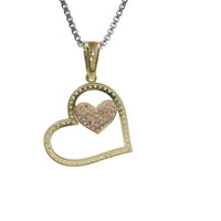 14KT Gold Charm Medium Tilted Open White CZ Stones Heart with Dark Pink Center Heart and White CZ Stones Bell