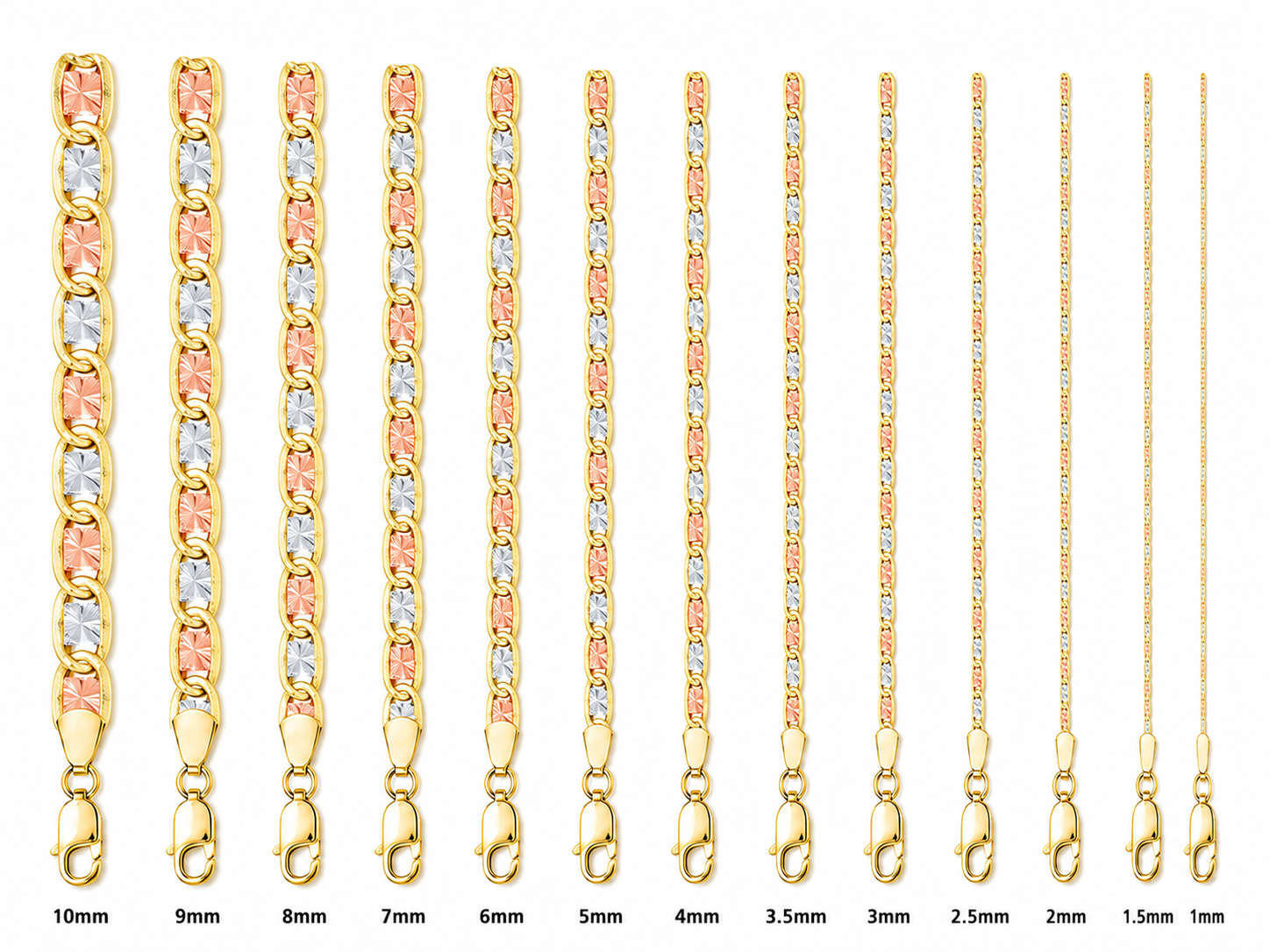 14KT Gold Chain Solid Tri Tone Heart Valentino Mariner 3.5mm