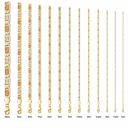 14KT Gold Chain Solid Tri Tone Heart Valentino with Plain Edge and Lobster Clasp 4.5mm