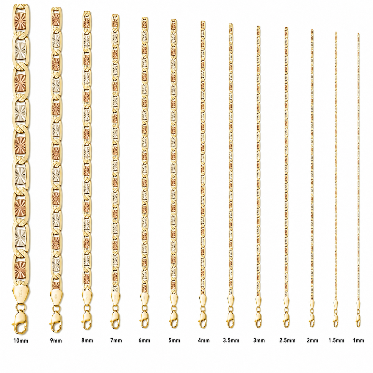 14KT Gold Chain Solid Tri Tone Heart Valentino 4mm