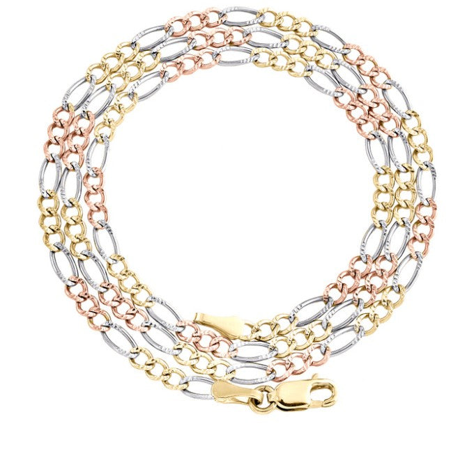 14KT Gold Chain Solid Tri Tone Figaro Mariner Diamond Cut 10mm