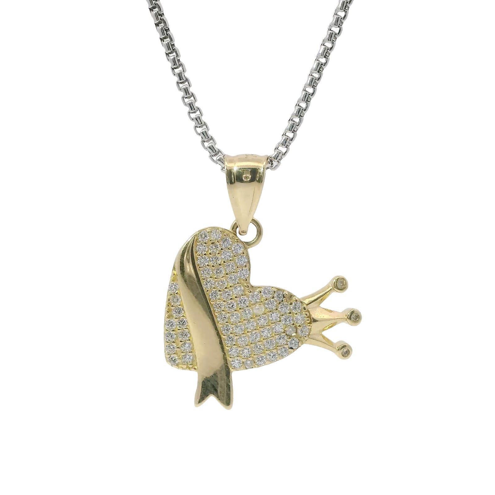 14KT Gold Charm Small White CZ Stones Heart with Plain Crown, Sash and Bell