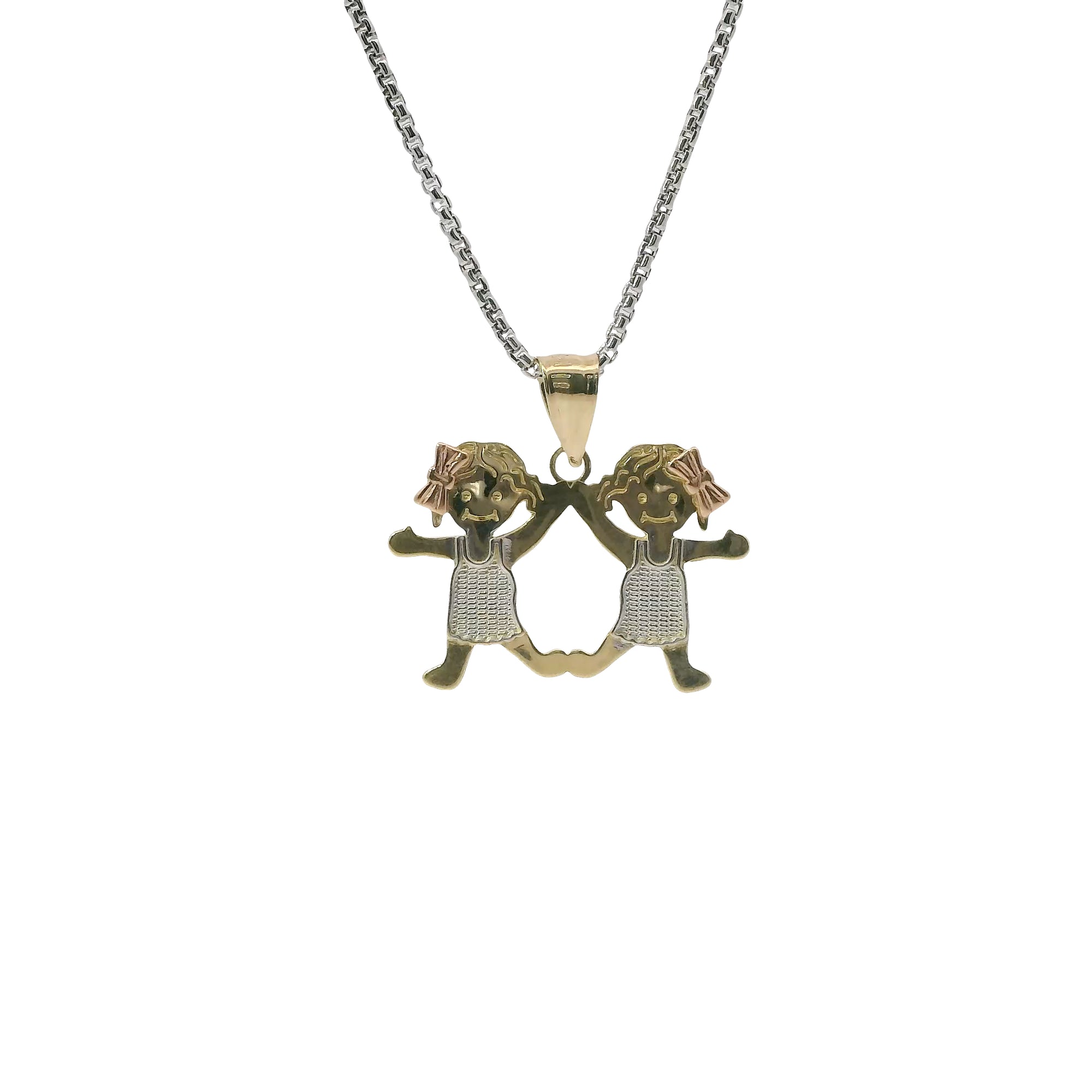 14KT Gold Charm Mini Tri Tone Girl / Girl Twins with Plain Bell