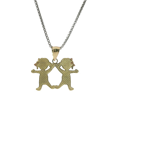 14KT Gold Charm Mini Tri Tone Girl / Girl Twins with Plain Bell