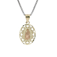 14KT Gold Charm Medium Two Tone Virgin Mary Oval Lattice Background and Diamond Cut Open Swirl Frame and Plain Bell