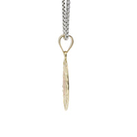 14KT Gold Charm Medium Two Tone Virgin Mary Oval Lattice Background and Diamond Cut Open Swirl Frame and Plain Bell
