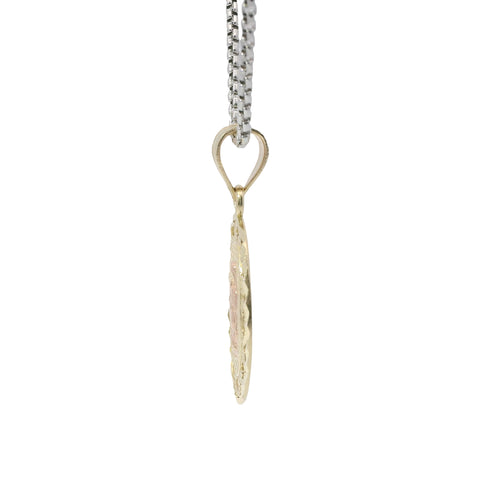 14KT Gold Charm Medium Two Tone Virgin Mary Oval Lattice Background and Diamond Cut Open Swirl Frame and Plain Bell