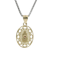 14KT Gold Charm Medium Two Tone Virgin Mary Oval Lattice Background and Diamond Cut Open Swirl Frame and Plain Bell
