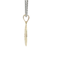 14KT Gold Charm Medium Two Tone Virgin Mary Oval Lattice Background and Diamond Cut Open Swirl Frame and Plain Bell