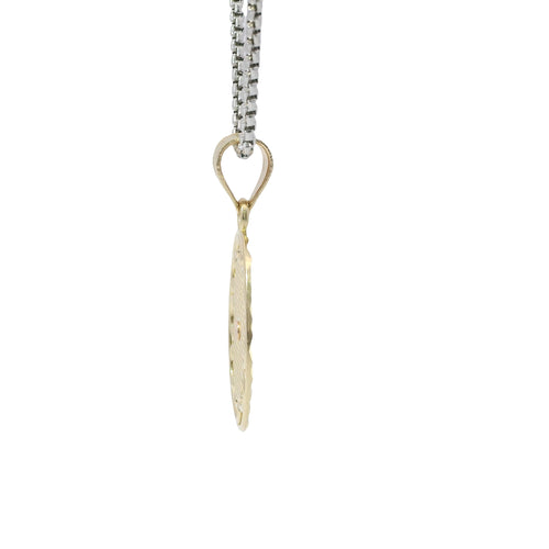 14KT Gold Charm Medium Two Tone Virgin Mary Oval Lattice Background and Diamond Cut Open Swirl Frame and Plain Bell