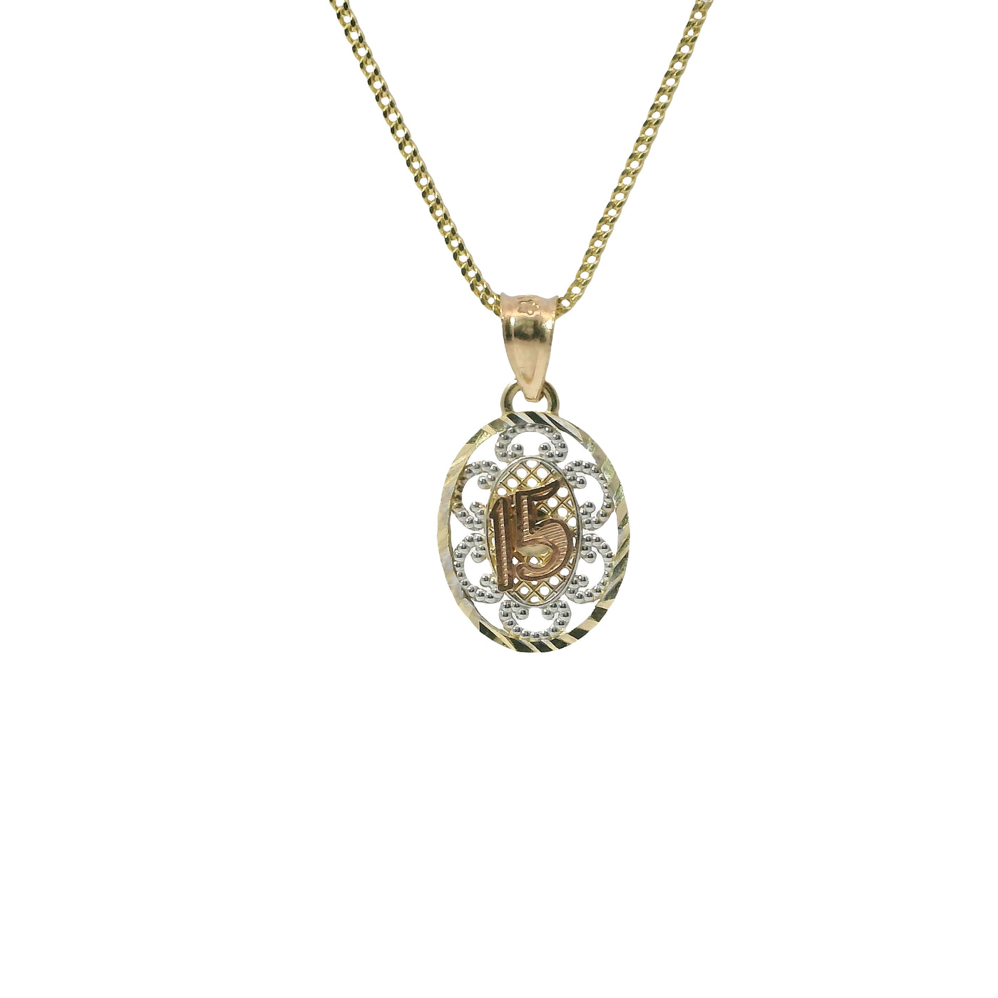 14KT Gold Charm Small Oval Tri Tone "15" Quinceanera Center with Open Swirl Background, Diamond Cut Border, and Plain Bell