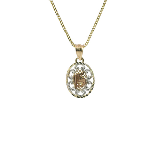 14KT Gold Charm Small Oval Tri Tone "15" Quinceanera Center with Open Swirl Background, Diamond Cut Border, and Plain Bell