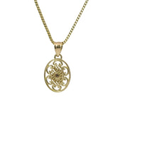 14KT Gold Charm Small Oval Tri Tone "15" Quinceanera Center with Open Swirl Background, Diamond Cut Border, and Plain Bell
