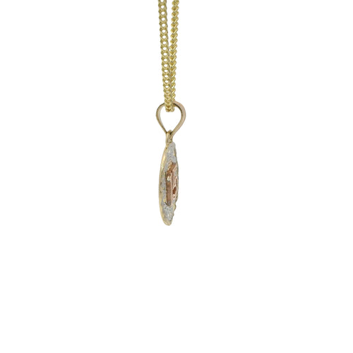 14KT Gold Charm Small Oval Tri Tone "15" Quinceanera Center with Open Swirl Background, Diamond Cut Border, and Plain Bell