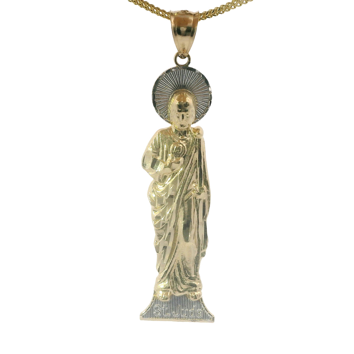 14KT Gold Charm Medium Two Tone "St. Jude" Name Plate St Jude Figure with Plain Bell