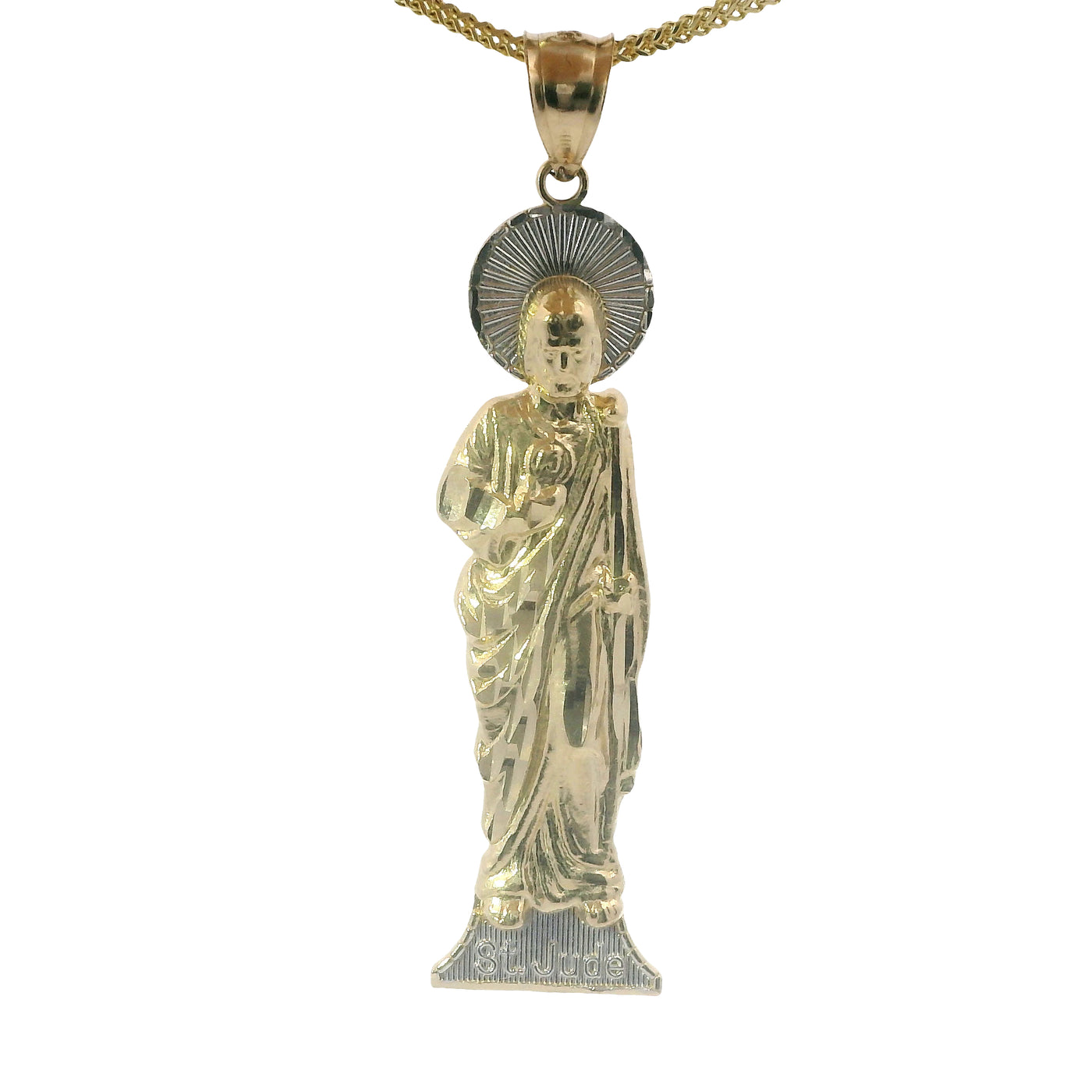 14KT Gold Charm Small Two Tone "St. Jude" Name Plate St Jude Figure with Plain Bell