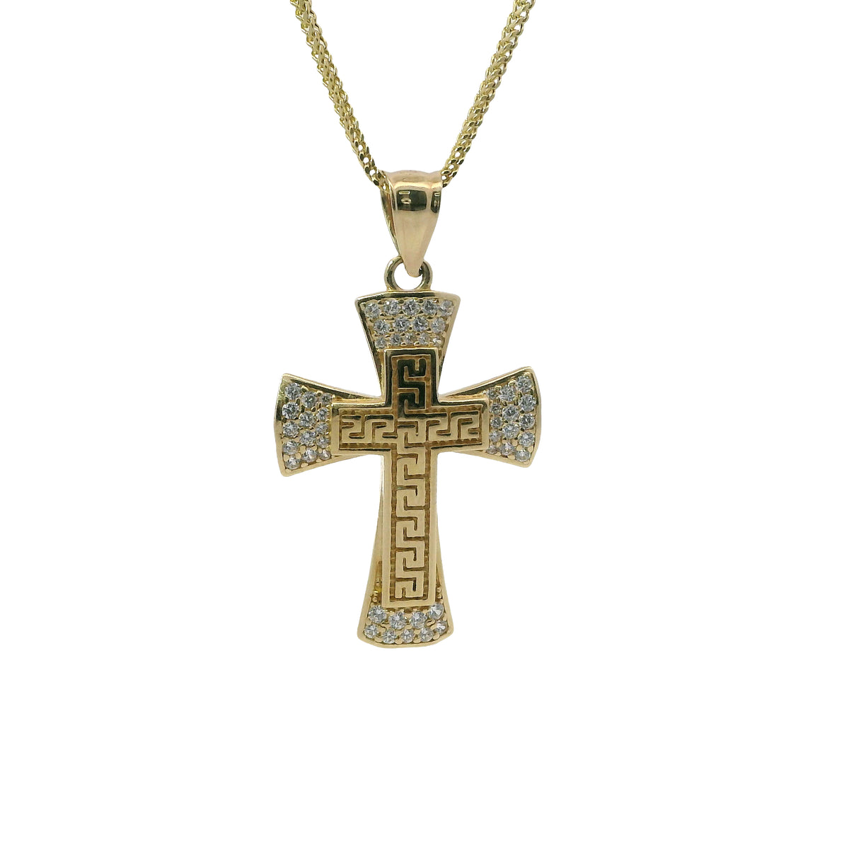 14KT Gold Charm Medium Two Tone Greek Center Cross with Flared Ends, White CZ Stones Tips and Plain Bell