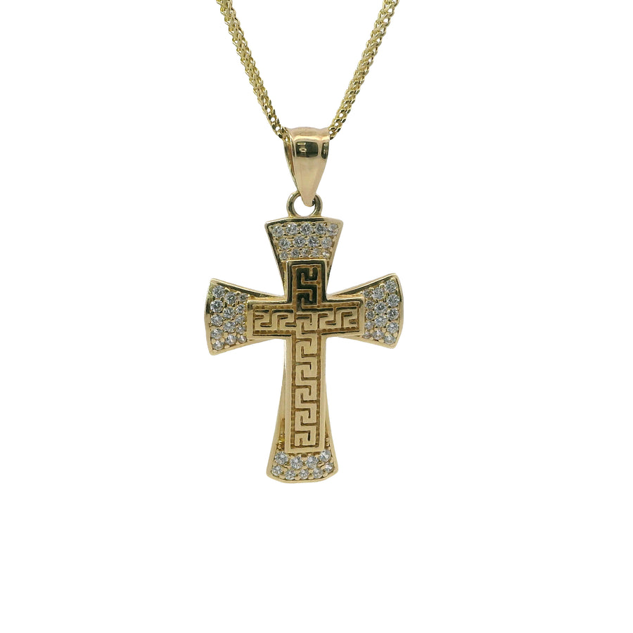 14KT Gold Charm Medium Two Tone Greek Center Cross with Flared Ends, White CZ Stones Tips and Plain Bell