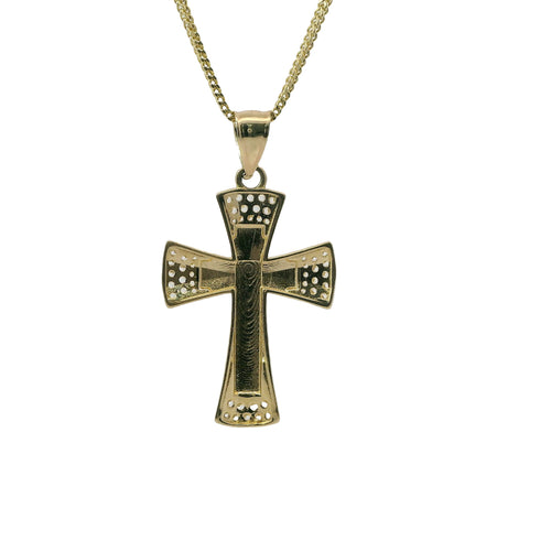 14KT Gold Charm Medium Two Tone Greek Center Cross with Flared Ends, White CZ Stones Tips and Plain Bell