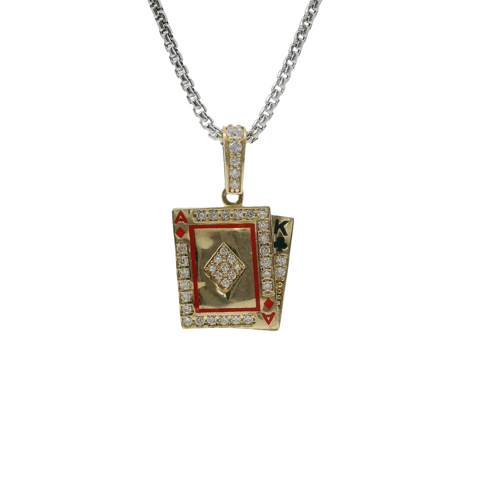 14KT Gold Charm Playing Cards Red Ace of Diamond Black Enamel King of Club with White CZ Stone Border and Bell