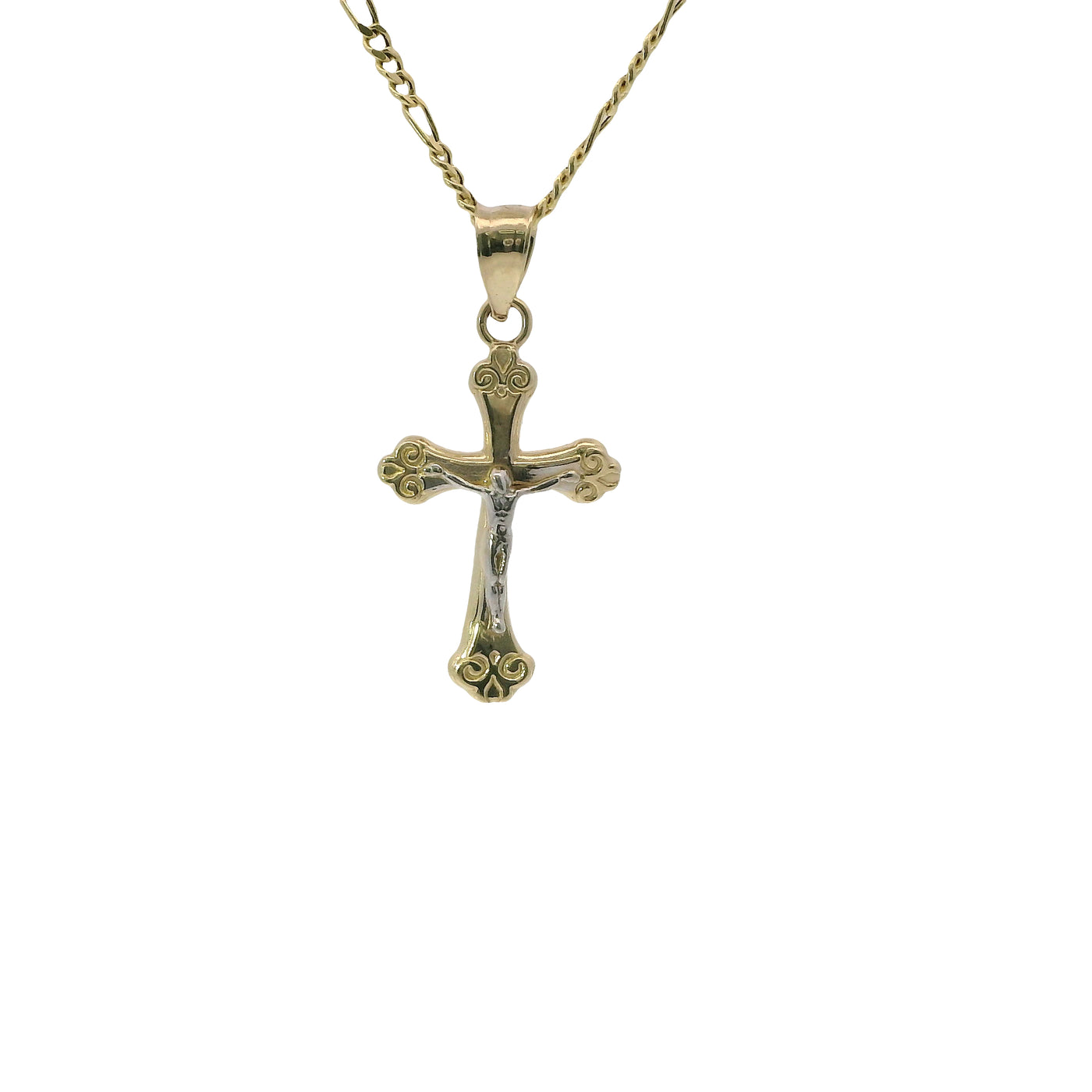 14KT Gold Charm Small Two Tone Swirl Center Club Ends Crucifix Cross with Plain Bell