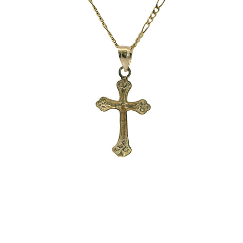 14KT Gold Charm Small Two Tone Swirl Center Club Ends Crucifix Cross with Plain Bell