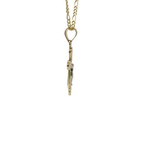 14KT Gold Charm Small Two Tone Swirl Center Club Ends Crucifix Cross with Plain Bell