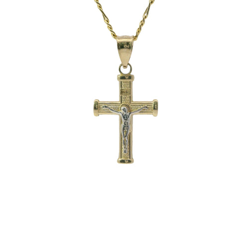 14KT Gold Charm Baby Two Tone Bar End Crucifix Cross with Plain Bell