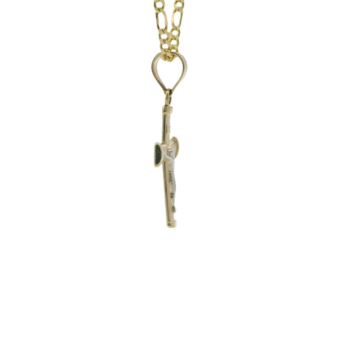 14KT Gold Charm Baby Two Tone Bar End Crucifix Cross with Plain Bell