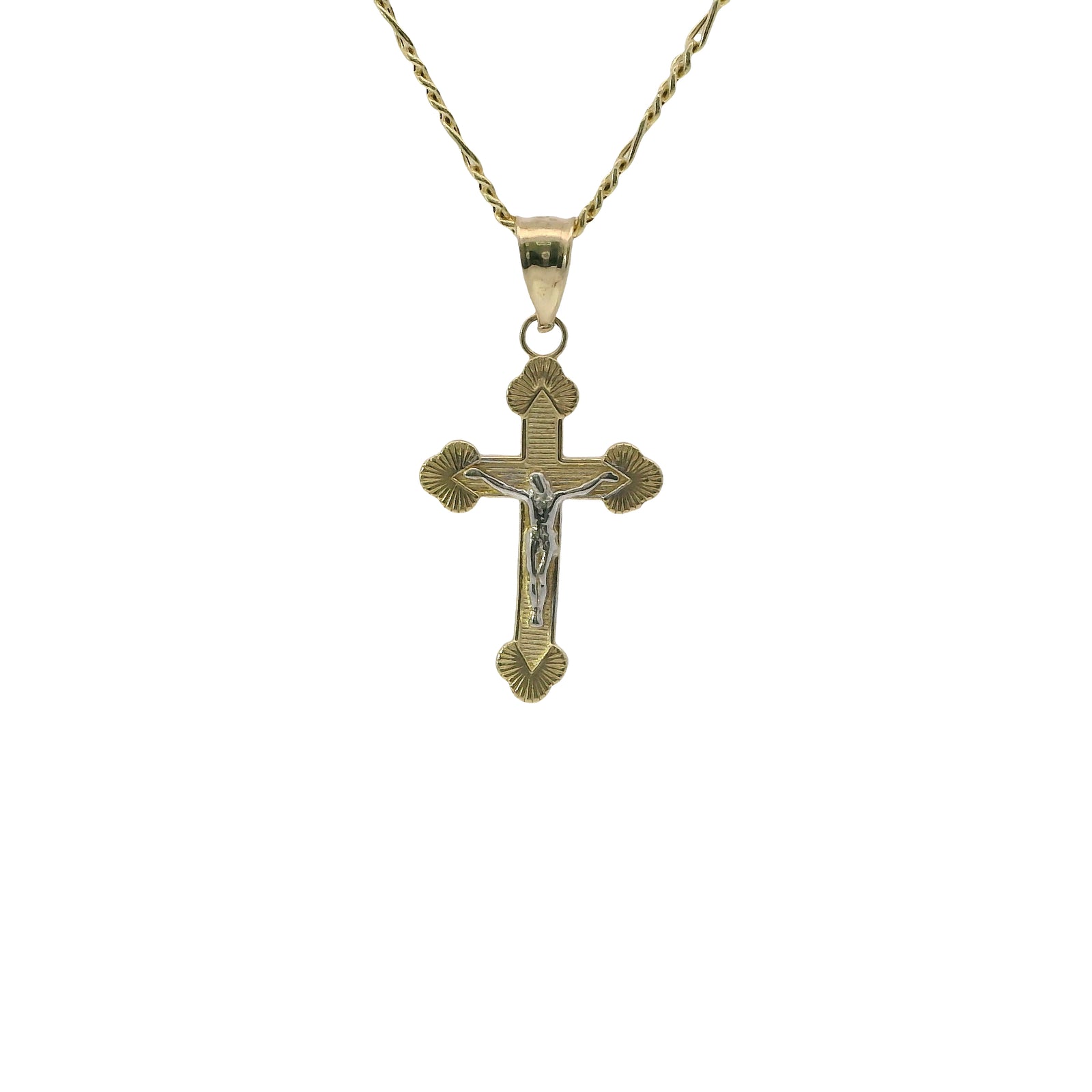 14KT Gold Charm Baby Two Tone Fan End Crucifix Cross with Plain Bell