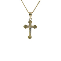 14KT Gold Charm Baby Two Tone Fan End Crucifix Cross with Plain Bell