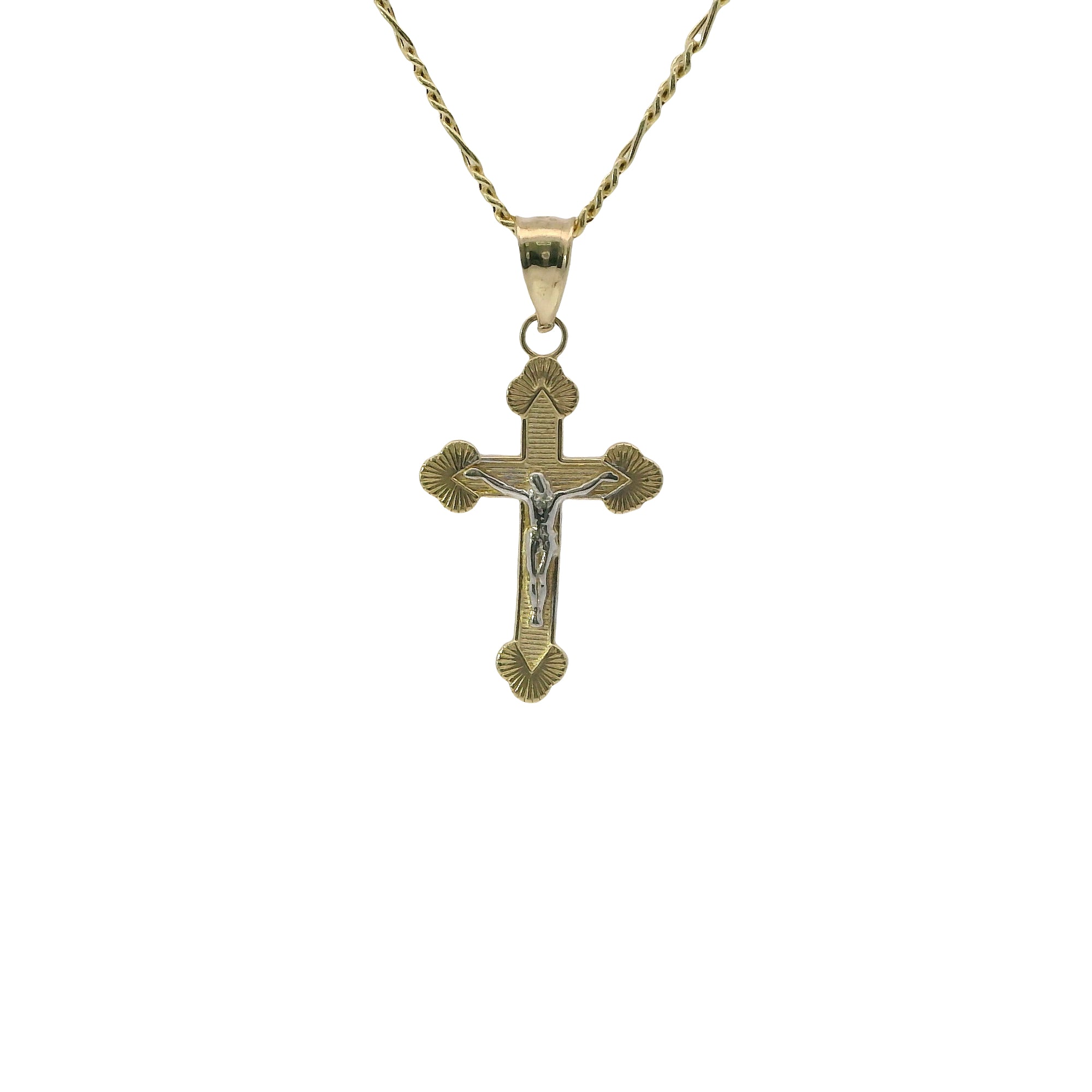 14KT Gold Charm Baby Two Tone Fan End Crucifix Cross with Plain Bell