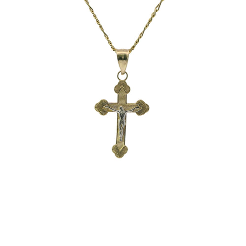 14KT Gold Charm Baby Two Tone Fan End Crucifix Cross with Plain Bell