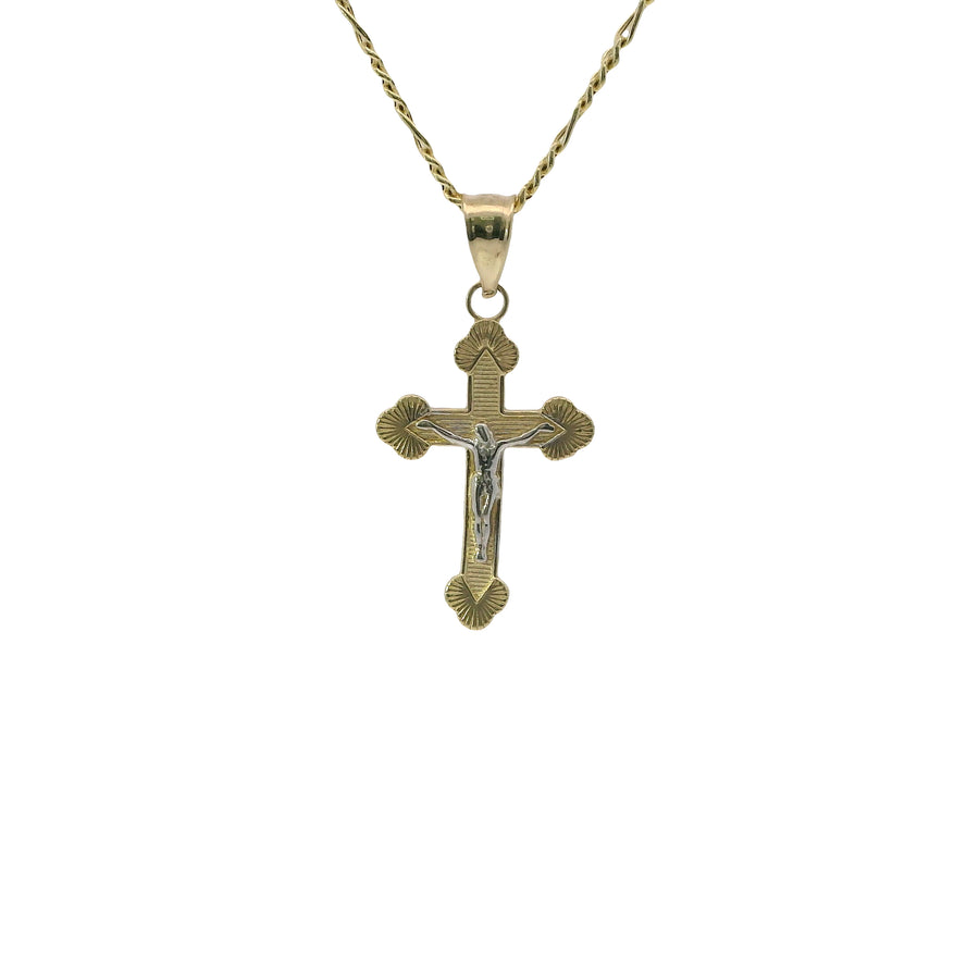 14KT Gold Charm Baby Two Tone Fan End Crucifix Cross with Plain Bell