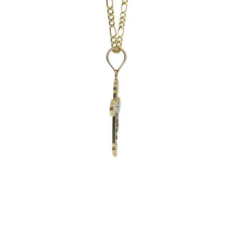 14KT Gold Charm Baby Two Tone Fan End Crucifix Cross with Plain Bell