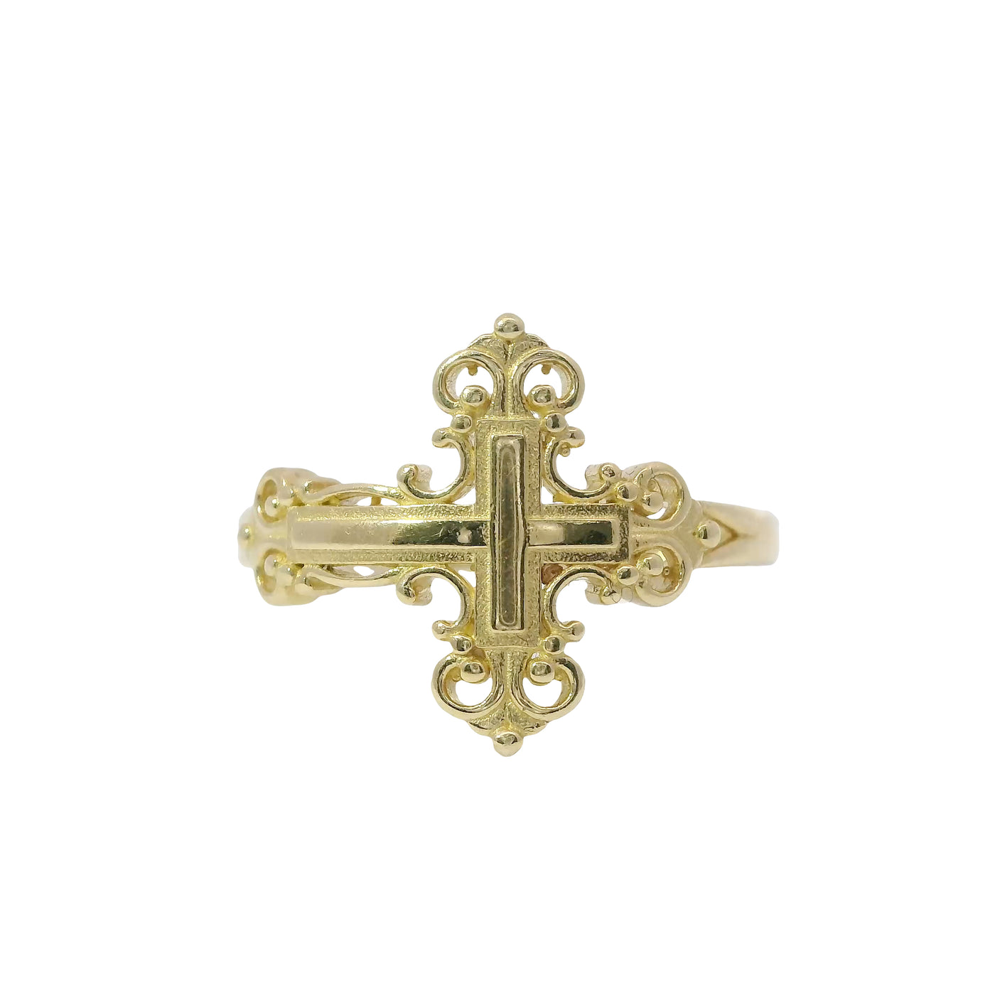 14KT Gold Ring Women's Medium Plain Center Ornate Cross with Plain Mini Split Band