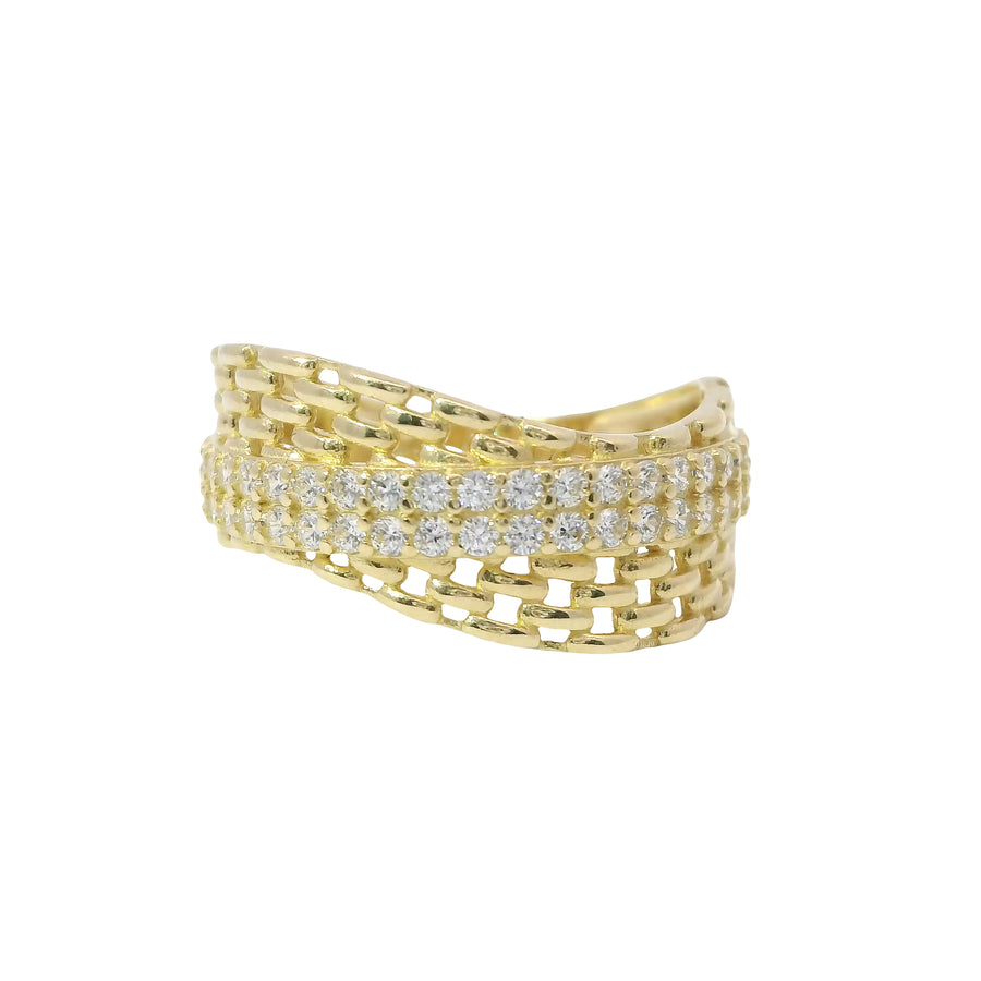 14KT Gold Ring Women's Light Weight Wavy Basket Weave with Diagonal Double Row of White CZ Stones Band