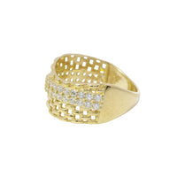 14KT Gold Ring Women's Light Weight Wavy Basket Weave with Diagonal Double Row of White CZ Stones Band